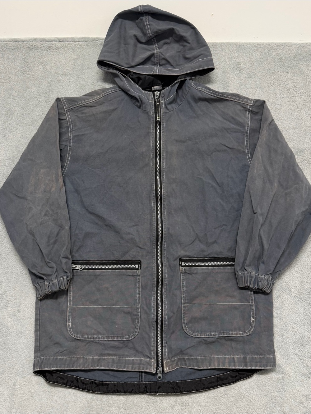 Vtg Gray Faded Hooded Jacket Gorpcore Workwear Utility Zip Russia Made Men’s L